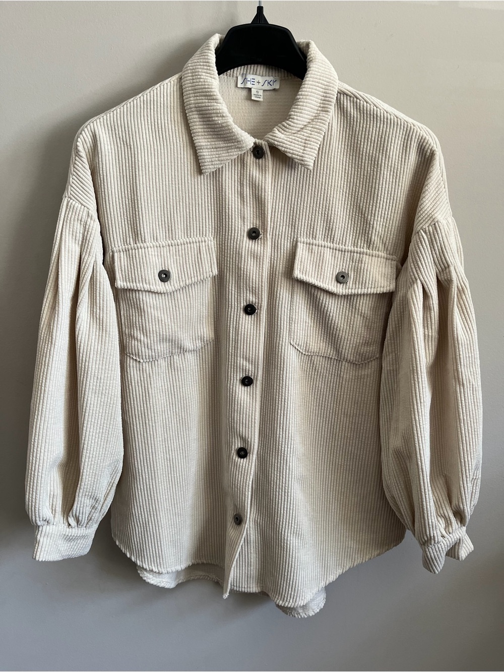 SHE + SKY Cream Corduroy Puff Sleeve Ribbed Shacket - Size S